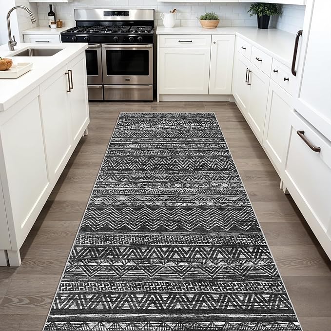 3x6 Washable Hallway Runner Rug - Moroccan Non-Slip Long Runners for Entryway Soft Modern Geometric Low-Pile Rugs for Kitchen Waterproof Neutral Carpet for Bedroom Bathroom Laundry 3x6 Black
