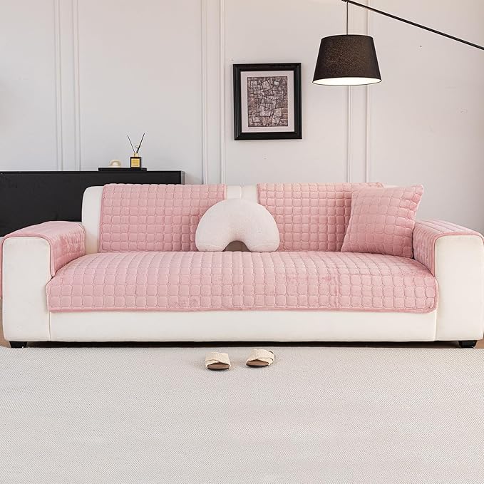 Velvet Couch Cover, Washable Sectional Sofa Cover, Anti Slip Sofa Slipcover for 3 Cushion Couch Sofa L Shaped Armrest Backrest, Furniture Protector Covers for Pets Kids(1PC,Pink,36"×47")