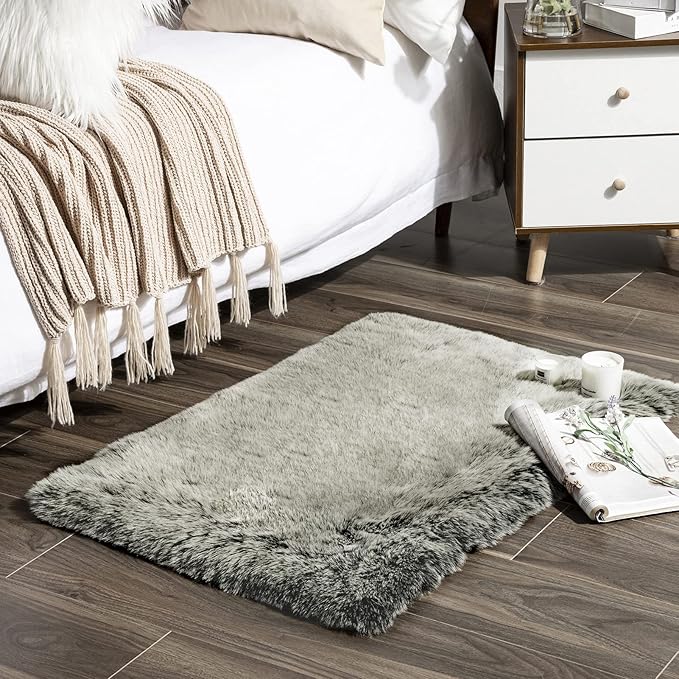 Ashler Home Deco Faux Fox Fur Area Rug, Green White Brown Fluffy, 2x3 ft, High Pile, Rectangular, Indoor, Animals Theme, Portable, Sturdy, Spot Clean Only