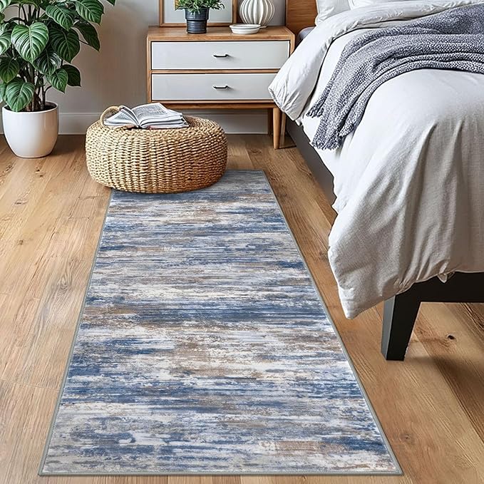 KOZYFLY Modern Abstract Runners for Hallways 2x6 Blue Rust Machine Washable Runner Rug for Entryway Non-Slip Kitchen Rug, Faux Wool Soft Low Pile Office Carpet for Dining Room, Bedroom, Bathroom