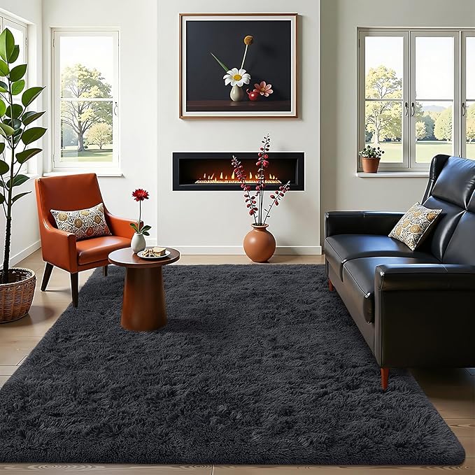 OLANLY 4x8 Area Rugs for Living Room Bedroom, Machine Washable Soft Fluffy Shaggy Bedside Rug, Indoor Floor Carpet for Kids Girls and Boys, Dorms, Nursery Rooms, Home Decor Aesthetic, Black