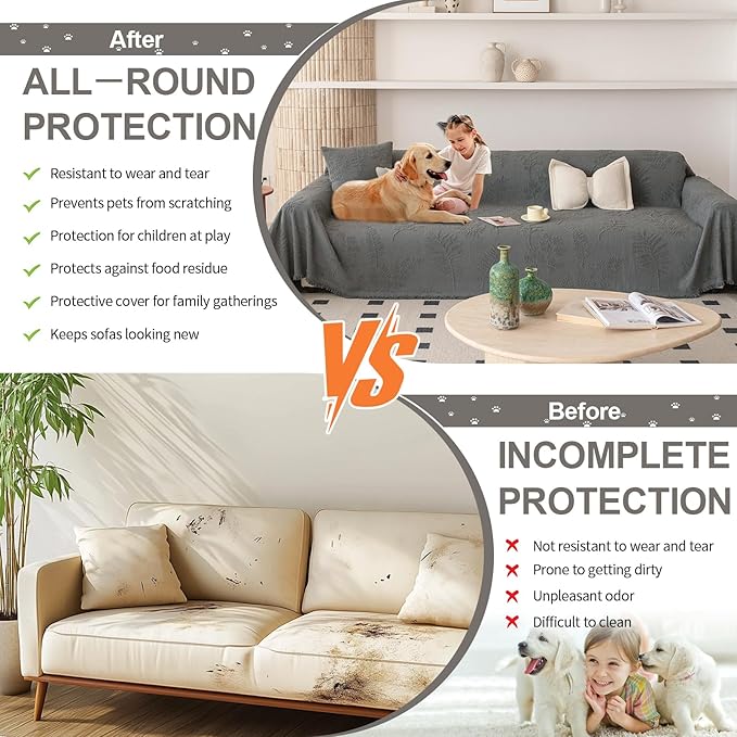 HANDONTIME Washable Couch Covers for Sofa Boho Couch Covers for 3 Cushion Sofa Pet Friendly Grey Chenille Jacquard Couch Protector for Dogs Plant Branch Sectional Cover Sofa Slipcovers, 71" X 150"