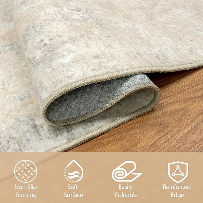 Round Rug 5ft Circle Rug Washable: Carpet Small Circular Area Rug for Entryway Kitchen Bedroom Dining Room Living Room 5 Feet Abstract College Dorm Non Slip Low Pile Beige Grey