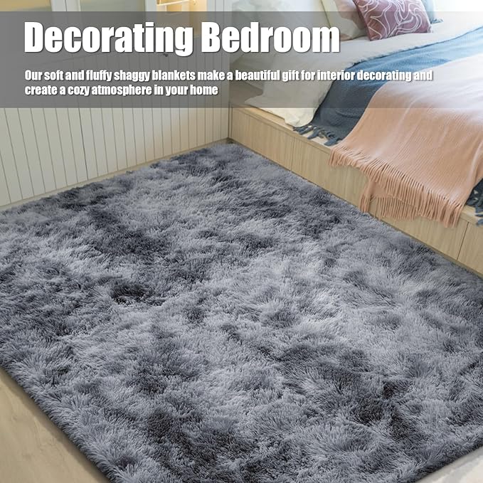 Shag Area Rug for Bedroom 4x6,Tie-Dyed Black Fluffy Area Rugs for Living Room,Soft Fuzzy Rug Non-Shedding Indoor Plush Carpet for Kids Bedroom Nursery Dorm Home Decor