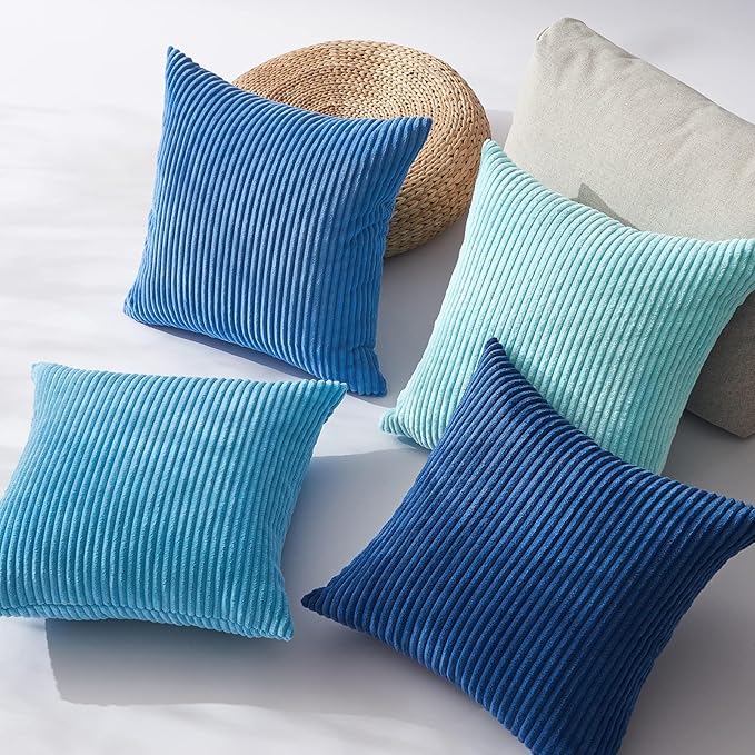Topfinel Decorative Throw Pillow Covers Aque Teal Blue Series,Summer Corduroy Striped Toss Pillows for Couch,Patio,Balcony,Children Bedroom,Modern Fluffy Blue Gradient Shams 20x20 Inch Set of 4