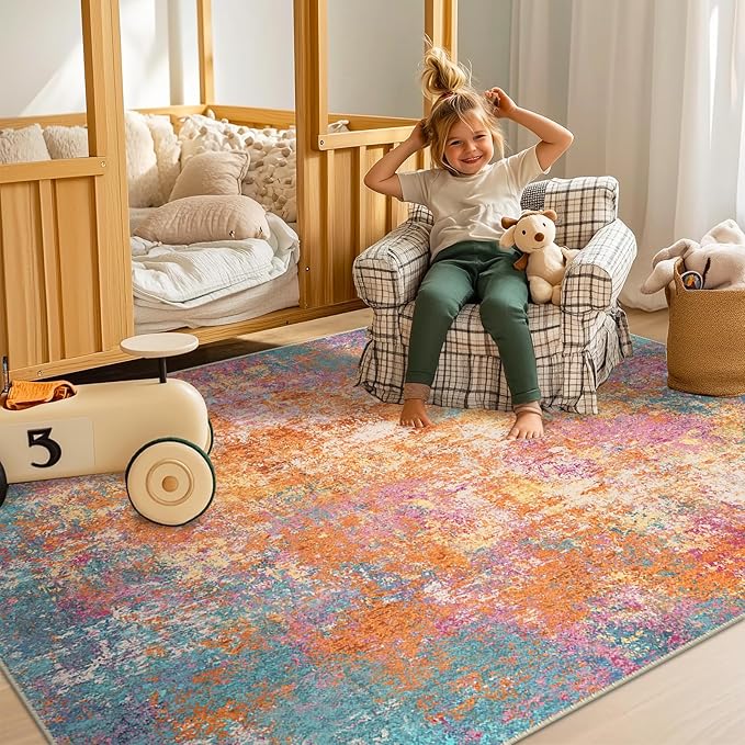 Washable Area Rugs 4'x6' Non-Slip Modern Abstract Soft for Living Room Entryway Bedroom Nursery, Print Pattern, Orange Blue Pink Yellow Colorful