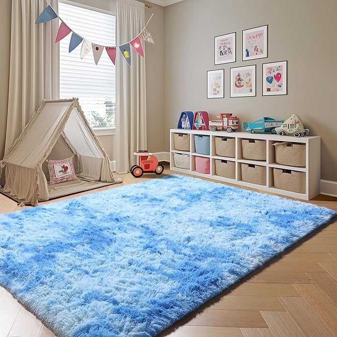 ONASAR Tie-Dye Blue Rugs for Living Room Bedroom, Fluffy 5x8 Bedside Area Rug, Soft Plush Shaggy Indoor Floor Carpet for Nursery Kids Girls Boys Teen Dorm Home Office Decor Aesthetic