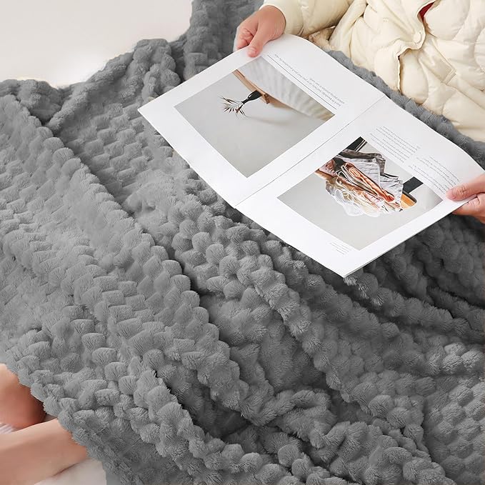 Puncuntex Grey Throw Blanket 90"×90" inches Fuzzy 3D Jacquard Decorative Flannel Fleece Super Soft Plush Cozy Blanket for Couch Sofa Chair Lightweight