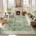Yamaziot Washable Area Rug 8x10 – Large Non-Slip Boho Floral Living Room Rug with Rubber Backing, Low Pile Distressed Carpet for Bedroom, Living Room, Dining Room, Green