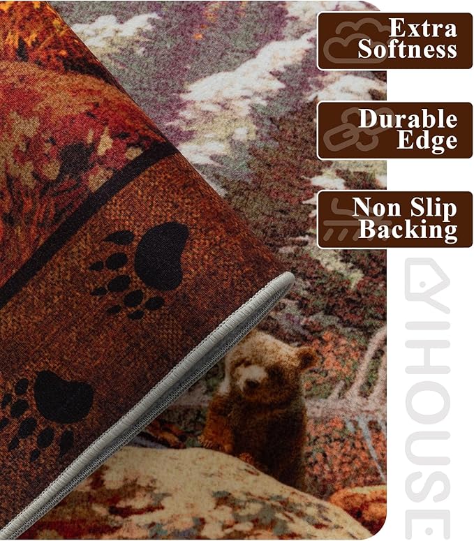 YIHOUSE Rustic Cabin Area Rug for Bedroom 6x9,Machine Washable Woodland Bear Rug,Non-Slip Low Pile Print Pattern Wildlife Rug for Living Room