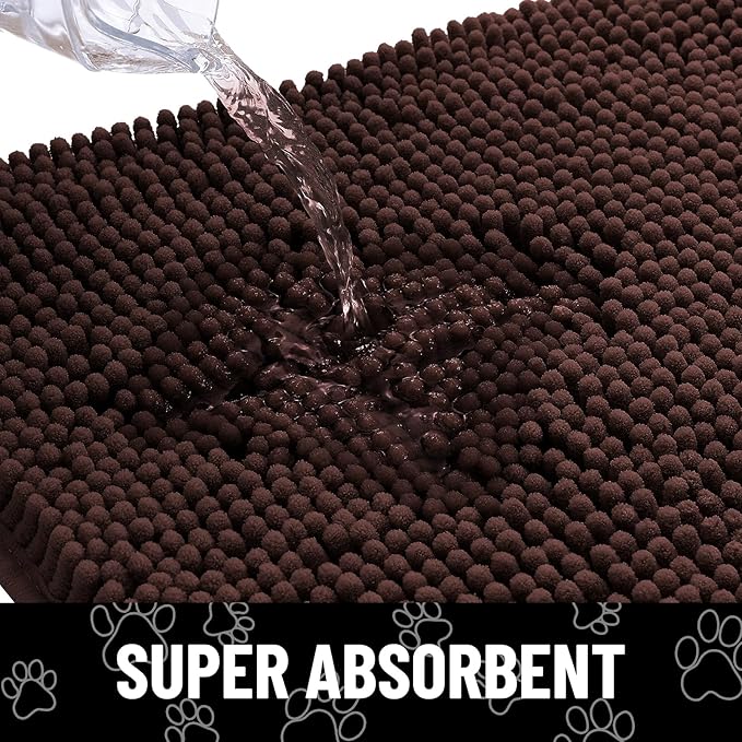 Smiry Dog Door Mat for Muddy Paws, Absorbent Dirt Trapper Non Slip Quick Dry Washable Chenille Mat for Mud Dogs, Entry Rug for Indoor and Outdoor (36x24 Inches, Brown and White)