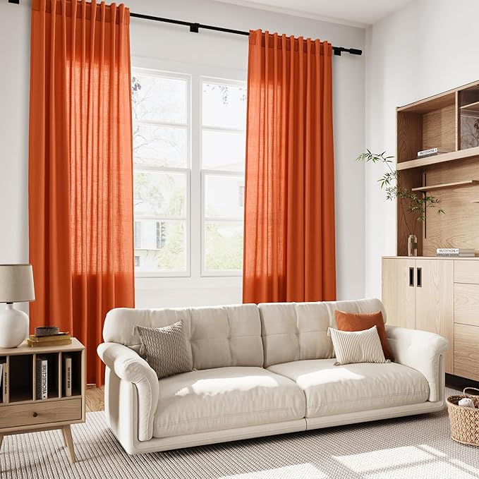 Nanspring Bright Orange Linen Blend Light Filtering Back Tab Curtains 84 Inches Long, Semi Sheer Privacy Drapes for Living Room & Bedroom Simple Style, 52x84 inch, 2 Panels
