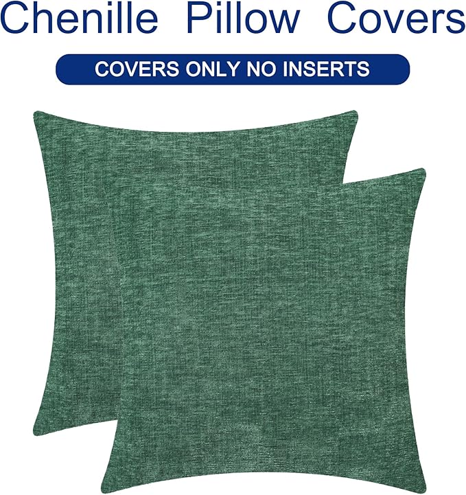 CaliTime Christmas Throw Pillow Covers Decorative 18 X 18 Inches Pack of 2 Cozy Chenille Cushion Cases for Couch Sofa Bed Living Room Home Dark Green