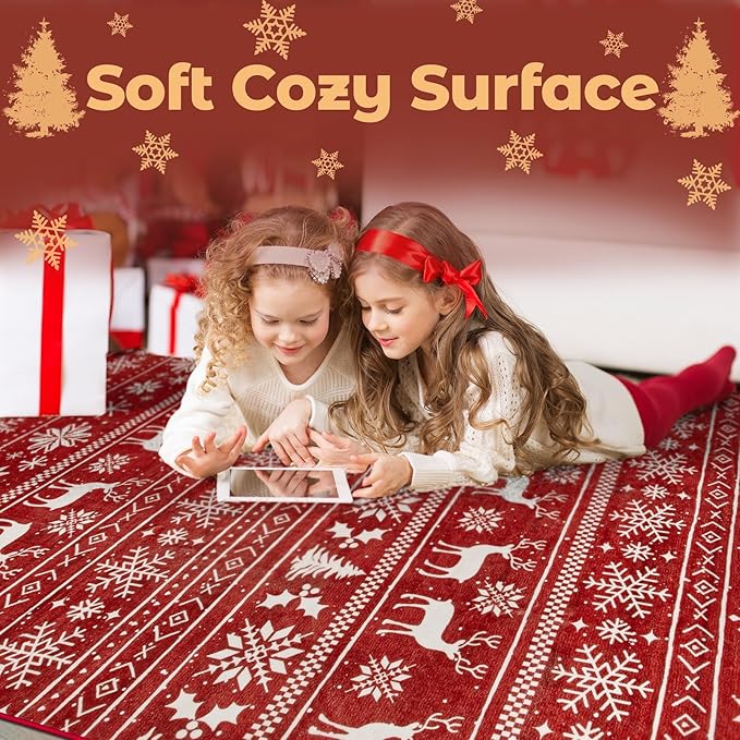 Christmas Rug 4x6 Washable Rugs, Boho Christmas Tree Snowflake Rug Non-Slip Soft Low Pile Non Shedding Indoor Holiday Carpet for Living Room Bedroom Dining Room Home Office (XmasRed, 4'x6')