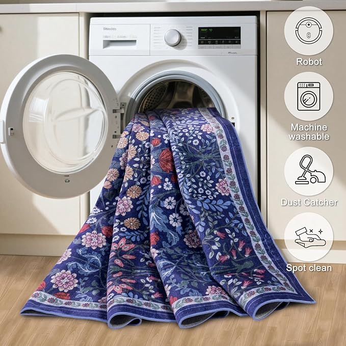 Round Area Rug for Living Room: 6 ft Floral Washable Circle Rug Soft Boho Non-Slip Carpet Indoor Stain Resistant Low Pile Small Circular Rug for Bedroom Entryway Kitchen Nursery Home Office Blue