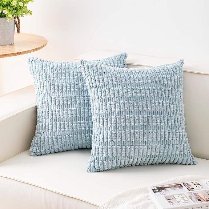 Pack of 2 Corduroy Decorative Throw Pillow Covers 18x18 InchSoft Striped Pillow Covers Modern Farmhouse Home Decor for Sofa Living Room Couch Bed（Sky Blue）