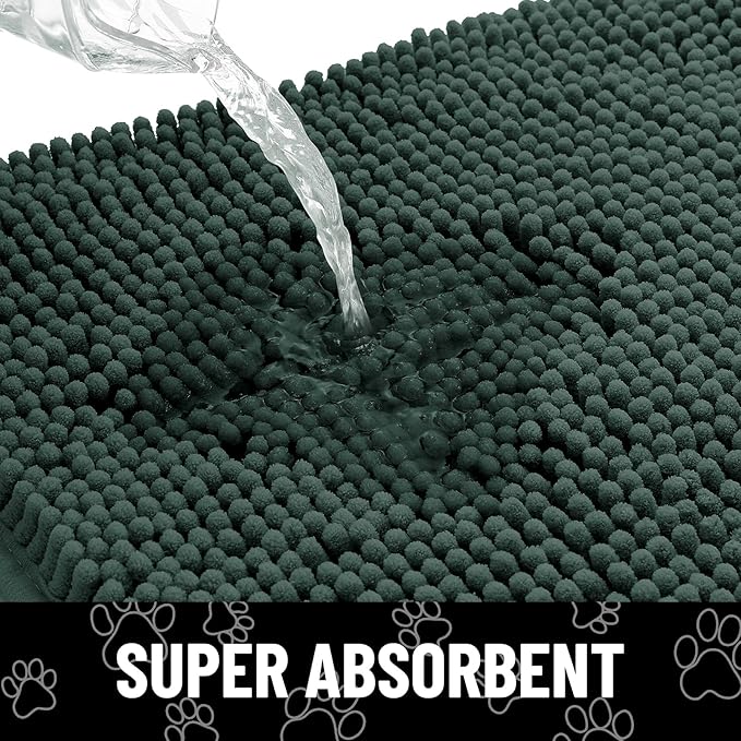 Smiry Dog Door Mat for Muddy Paws, Absorbent Dirt Trapper Non Slip Quick Dry Washable Chenille Mat for Mud Dogs, Entry Rug for Indoor and Outdoor (59x35 Inches, Green and White)