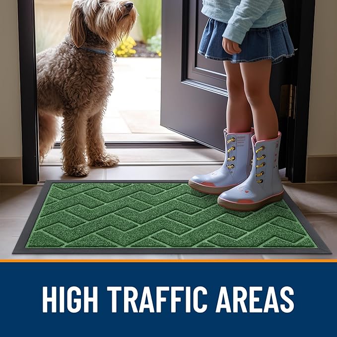 OLANLY Front Door Mat Indoor Outdoor Entrance, Waterproof All-Season, All-Weather Doormat, Sturdy Natural Rubber, Low Profile, Easy Clean Patio Porch Entryway Mat, Herringbone Brick (Green, 59x35)