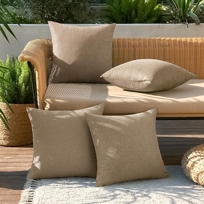 MIULEE Pack of 4 Decorative Outdoor Throw Pillow Covers Linen Waterproof Pillow Covers Farmhouse Cushion Cases for Patio Garden Tent Balcony Couch Sofa 18x18 inch Khaki
