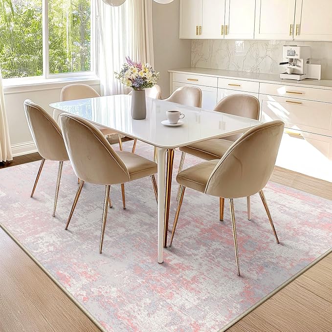 Washable Area Rugs Square 7ft Non-Slip Modern Abstract Soft for Living Room Entryway Bedroom Nursery, Print Pattern, Grey Pink