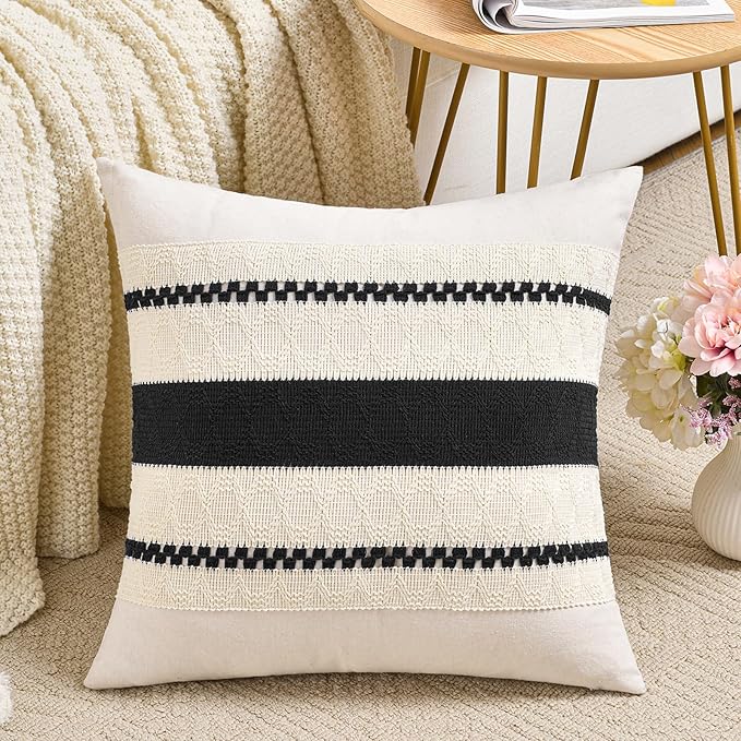 Fancy Homi Set of 1 Boho Black Euro Decorative Throw Pillow Cover 26x26 Inch for Couch Bed Bedroom, Aesthetic Modern Organic Farmhouse Room Decor, Soft Cotton Accent Macrame Woven Cushion Case