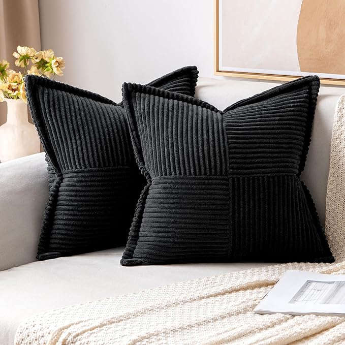 MIULEE Black Corduroy Decorative Euro Sham Pillow Covers 24x24 Inch with Splicing Set of 2 Soft Boho Pillow Covers Broadside Textured Pillowcases for Halloween Couch Bed Livingroom