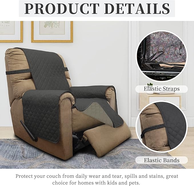 ISSUNTEX Double Protection 100% Waterproof Recliner Covers for Living Room, Reversible Furniture Protector Recliner Couch Sofa Slipcover for Dogs, Pets, Kids (Recliner, Dark Gray/Beige)