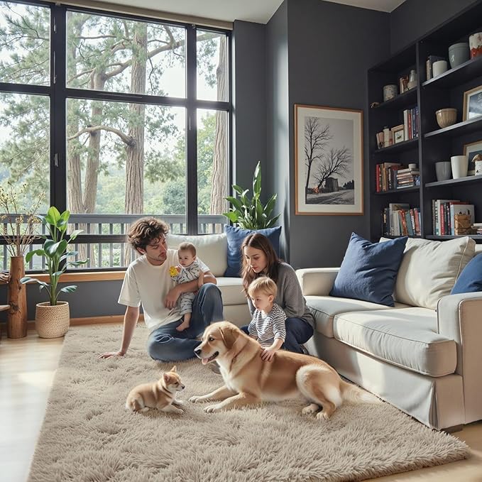 Area Rugs 9x12 Living Room, Shaggy Carpet Soft Plush Furry Bedside Rug Large Area Rugs for Bedroom Kids Girls Boys Home Decor Anti Slip(9 x 12, Beige)
