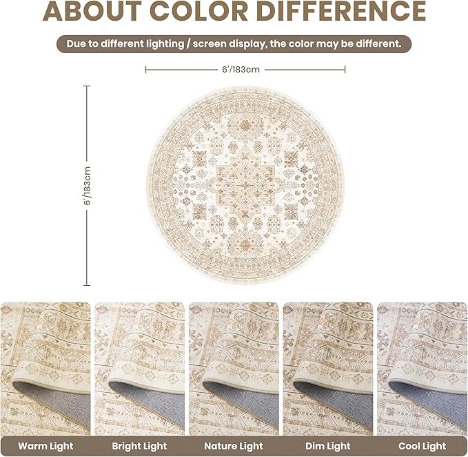 zesthome Washable Round Area Rugs - Non-Slip 6ft Round Rugs, Ultra-Thin Large Circle Rugs for Living Room, Soft Low Pile Rug for Bedroom, Kitchen, Nursery - Vintage Round Rug(Cream/Beige,6'x6')