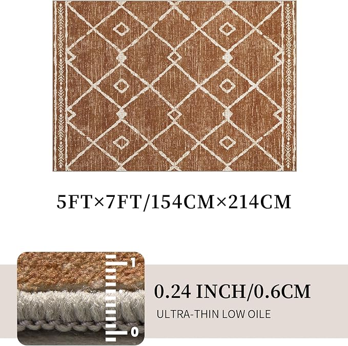 YIHOUSE Western Area Rugs for Living Room 5x7, Moroccan Aztec Burnt Orange Rug, Southwestern Soft Low-Pile Washable Rugs for Bedroom, Dining Room