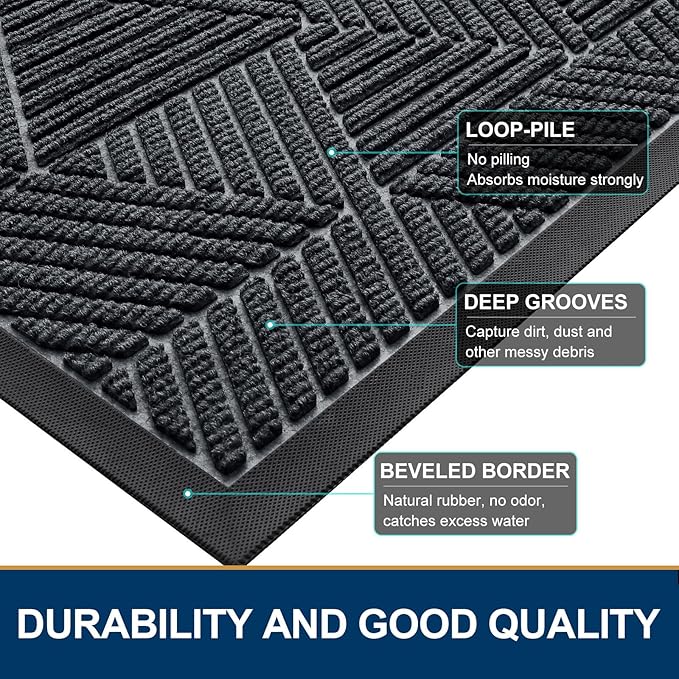 Smiry Front Door Mat Outside Entrance, Heavy Duty Sturdy Natural Rubber Doormat, Trap Dirt and Moisture, Easy Clean Low Profile Mats for Indoor Outdoor Entry, Irregular Triangle (47x32, Grey)