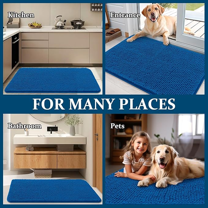 OLANLY Dog Door Mat for Muddy Paws 47x20, Absorbs Moisture and Dirt, Absorbent Non-Slip Washable Doormat, Quick Dry Chenille Mud Mat, Entry Indoor Entryway Carpet for Inside Floor, Deep Navy Blue