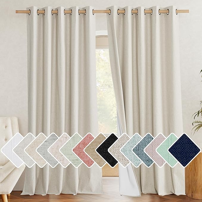 NICETOWN Farmhouse Style Keep Warm Large Window Draperies 108 inches Length with Thermal Insulated Liners, 2 Panels, 62" W, Full Blackout Natural Linen Curtains for Sliding Glass Door
