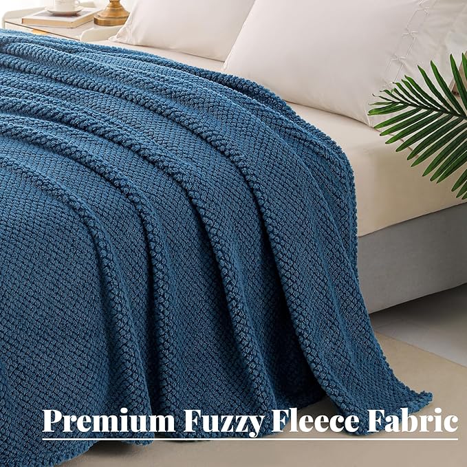 Whale Flotilla Twin Size Fuzzy Fleece Blanket for Bed, 60x80 Inch Fluffy Warm Soft Jacquard Blankets for All Season, Lightweight and Cozy, Navy Blue