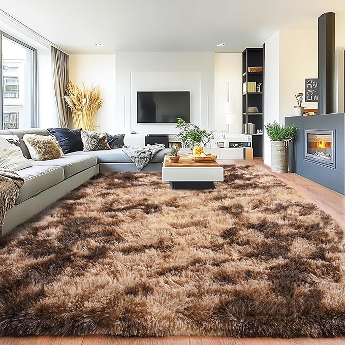 Pionblank 9x12 Area Rug, Large Area Rug for Living Room, Shag Rug for Bedroom Brown, Soft Furry Non Slip Carpet for Kids Room Nursery Teens Dorm Home Decor, Tie-Dyed Coffee