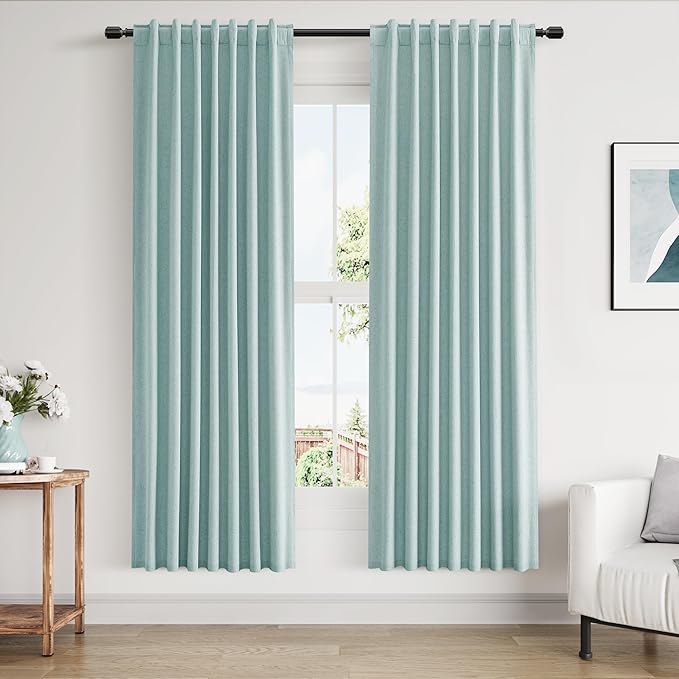 Guken 100% Blackout Linen Curtains 72 Inch Length 2 Panels Set for Living Room Bedroom Back Tab Thermal Insulated Black Out Linen Drapes Room Darkening Window Curtains,Light Blue