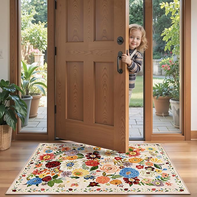 2x5 Entryway Runner Rugs, Non Slip Washable Rugs with Rubber Backing Soft Floral Carpet Runner for Kitchen, Laundry, Bedroom, Bathroom(2 x 5, Beige Garden)