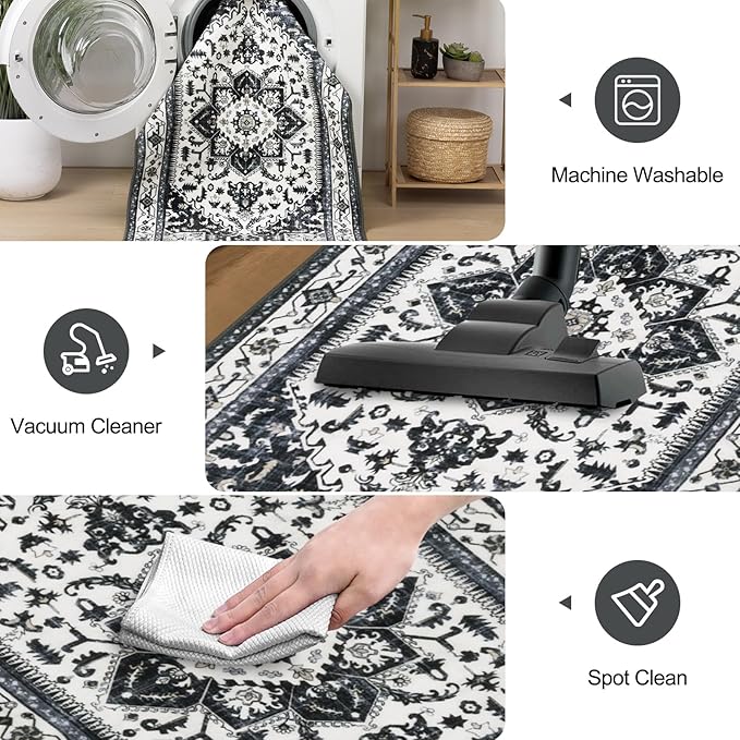 Yamaziot Washable Runner Rug, 2x8 Non-Slip Boho Vintage Hallway Rug Runner with Rubber Backing, Stain Resistant & Low Pile Faux Wool Distressed Carpet Runner for Bedroom, Kitchen, Laundry, Entrance