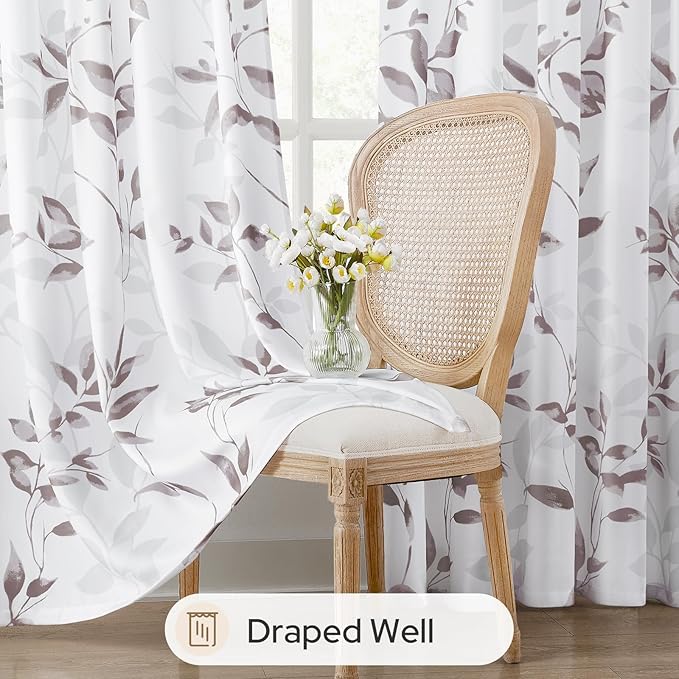 HOMEIDEAS Non-See-Through Dry Rose and White Privacy Sheer Curtains 52 X 63 Inch Length 2 Panels, Leaf Floral Printed Light Filtering Semi Sheer Window Curtains Drapes for Bedroom Living Room
