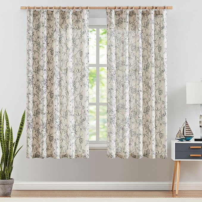 jinchan Floral Curtains 63 Inch Length Black Flower Linen Farmhouse Curtain for Living Room French Country Vintage Curtain Rod Pocket Curtains Set 2 Panels Balck Floral Printed