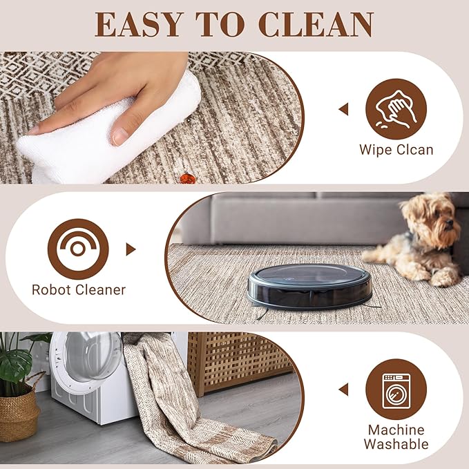 GarveeHome 6x9 Large Washable Area Rug Modern Bordered Rug Distressed Geometric Floor Carpet, Soft Non Slip Low Pile Non Shedding Rug, Indoor Brown for Bedroom, Living Room