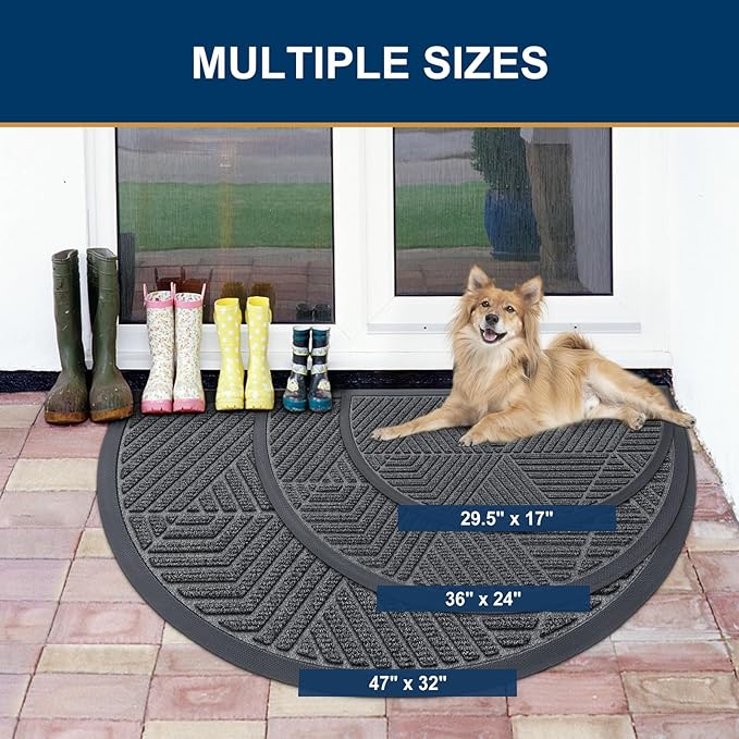 Smiry Half Circle Front Door Mat Outside Entrance, Heavy Duty Sturdy Natural Rubber Doormat, Trap Dirt and Moisture, Low Profile Mats for Indoor Outdoor Entry, Irregular Triangle (47x32, Grey)