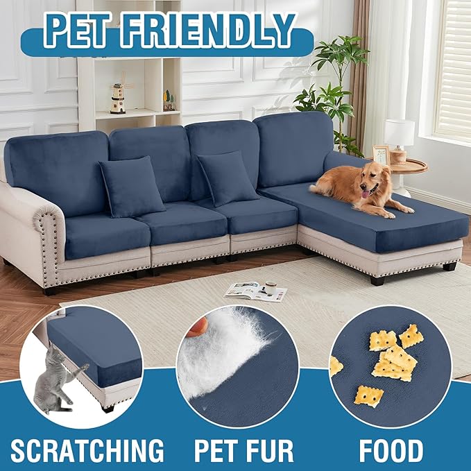 Couch Cover 8-Piece Elastic Velvet Couch Cushion Covers & Chaise Slipcovers for L-Shaped Sofas, Sofa Seat Covers Washable, Soft Cover for Couches (7 Seater + Chaise, Berlin Blue)