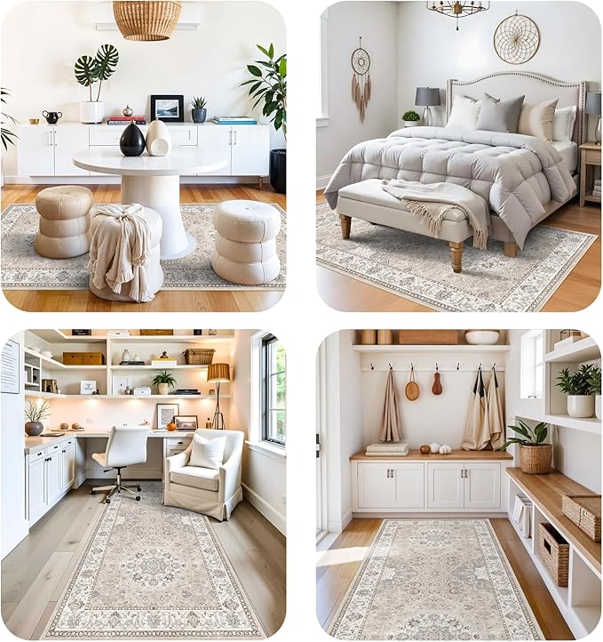 Washable 4x8 Hallway Runner Rug: Vintage 8ft Soft Runners for Entry Kitchen Wide Non Slip Low Pile Carpet for Living Room Bedroom Thin Water Resistant Carpet for Bathroom Dining Room Foyer(Beige,4x8)