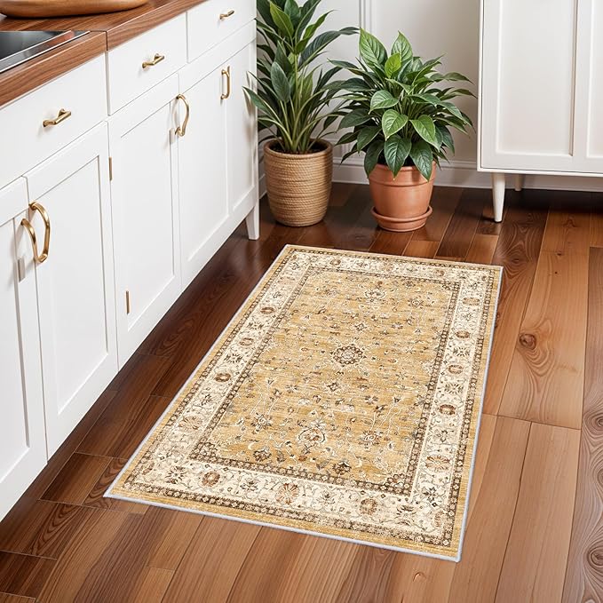 Washable Hallway Runner Rug 2x3 - Runner Rug Kitchen Rugs and Mats Non Skid Washable Waterproof Carpet Runner for Living Room Bedroom Bathroom (Gold, 2X3)