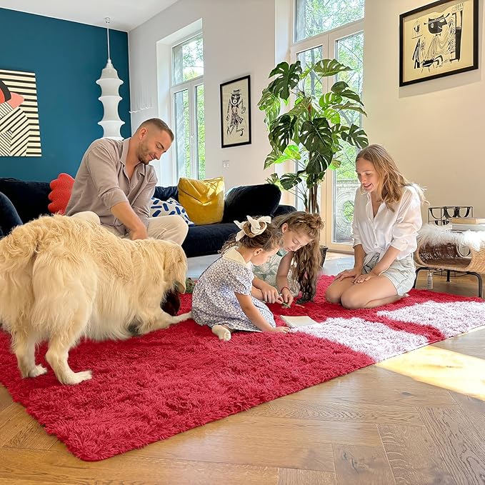 OLANLY 8x10 Machine Washable Large Area Rugs for Living Room, Bedroom, Soft Fluffy Shaggy Bedside Rug, Indoor Floor Carpet for Kids Girls and Boys, Dorms, Nursery, Home Decor Aesthetic, Red