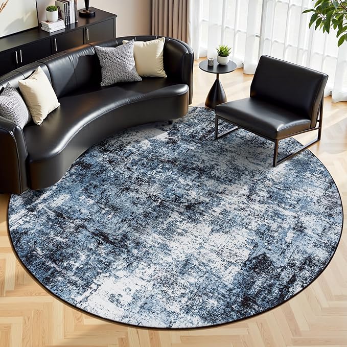 Rugflix Round Area Rugs 8Ft for Living Room, 8x8 Washable Rug Stain-Resistant Low Pile, Modern Dark Carpet for Dining Room Home Office Kid Room Nursery Bedroom, Navy Blue/Black