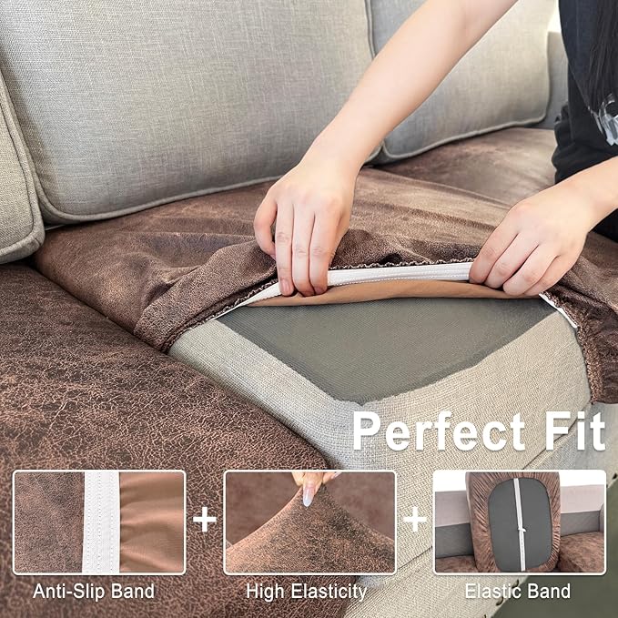 Leather Look Couch Cushion Covers Sofa Seat Slipcovers Sets Couches Furniture Protector for Sectional Armchair Loveseat Pets Kids Stretch Spandex Fabric (3 Cushion Sofa, Light Brown)