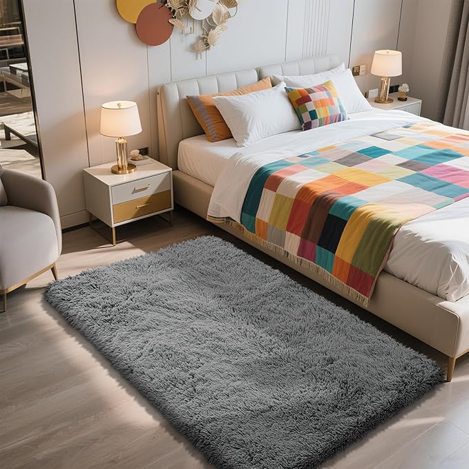 Shag Area Rug for Bedroom 3x5,Deep Grey Fluffy Area Rugs for Living Room,Soft Fuzzy Rug Non-Shedding Indoor Plush Carpet for Kids Bedroom Nursery Dorm Home Decor