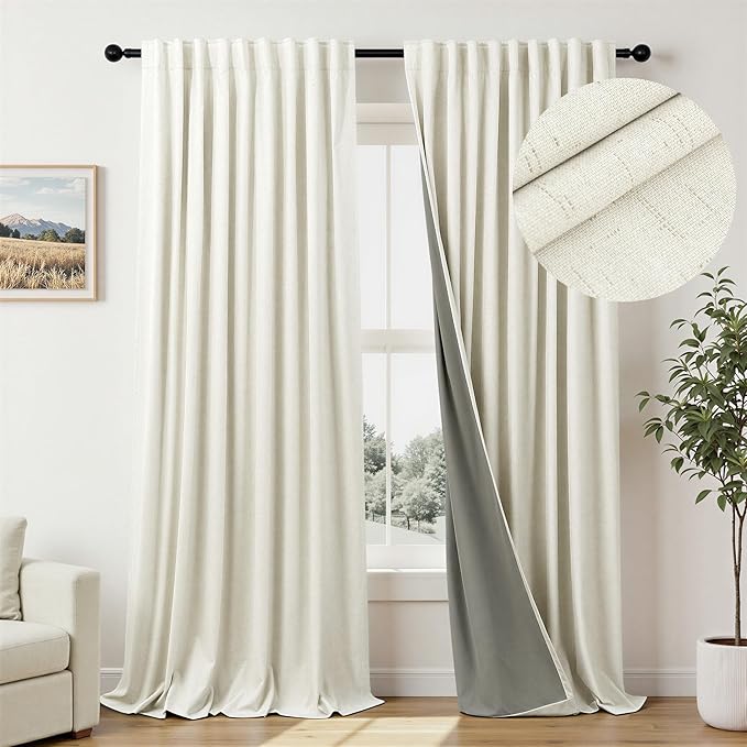 70 Inch Extra Wide Blackout Curtains 102 Inches Long for Living Room 2 Panels Set Back Tab Natural Linen Textured Boho Curtains Thermal Privacy Sliding Door Drapes Large Window Burg 70x102 Ivory Cream